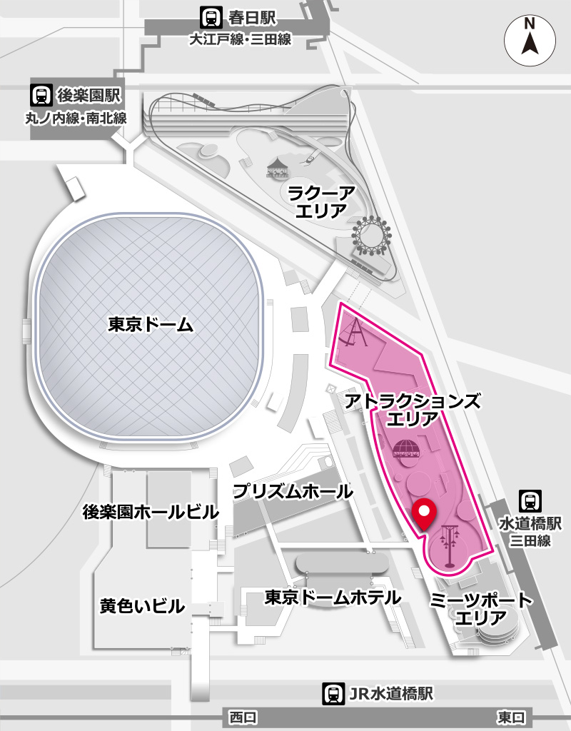 Une carte de Tokyo Dome City montrant la galerie AaMo surlignée en rose sur le côté droit.